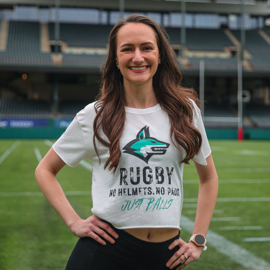 "RUGBY.  NO HELMETS.  NO PADS.  JUST BALLS" Crop T-Shirt (White)
