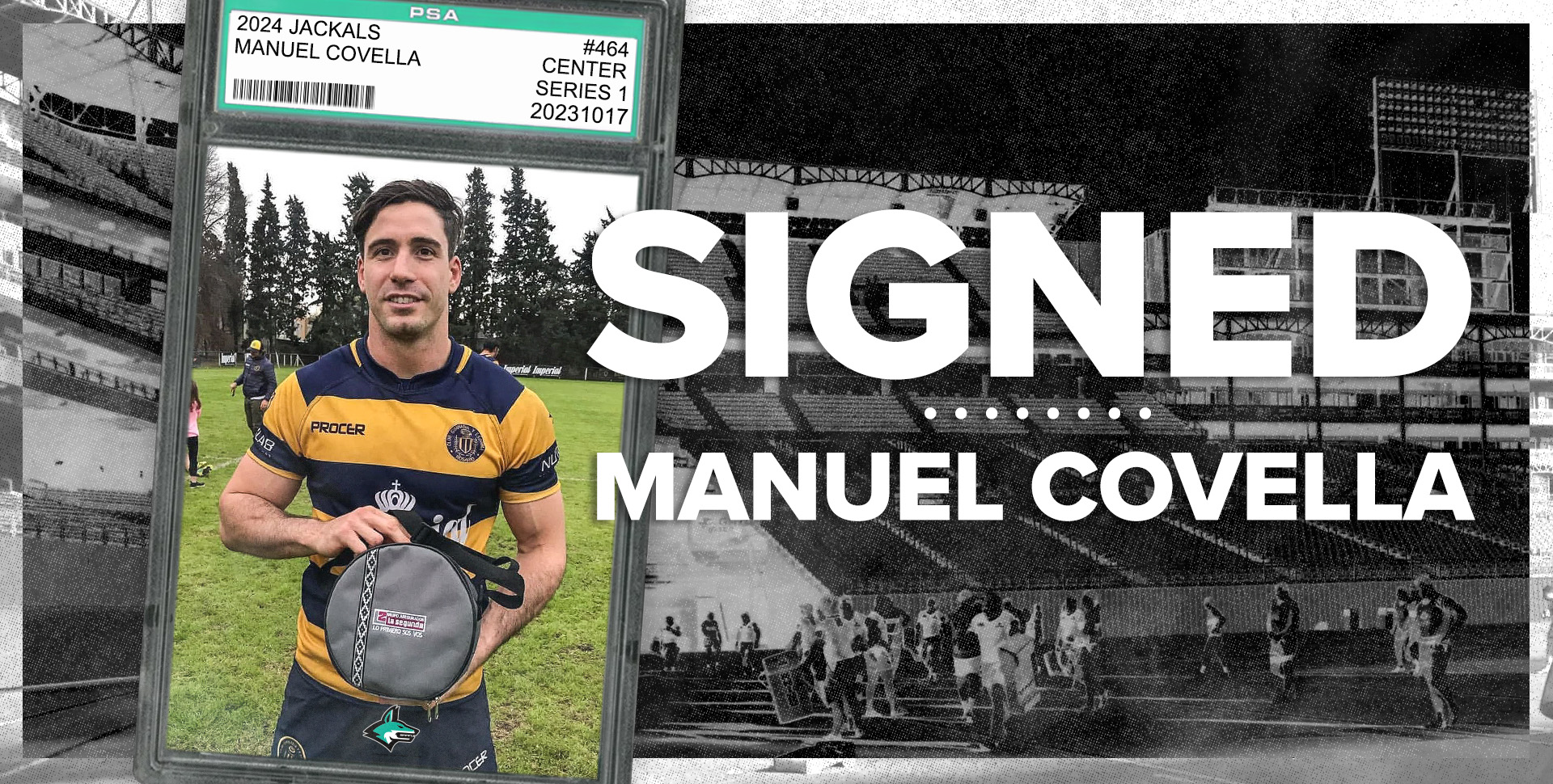 Manuel Covella in a player card background announcing his signing to the Dallas Jackals